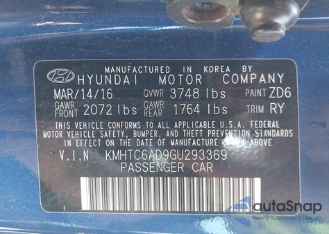 2016 Hyundai Veloster из США, поврежденный, VIN KMHTC6AD9GU293369